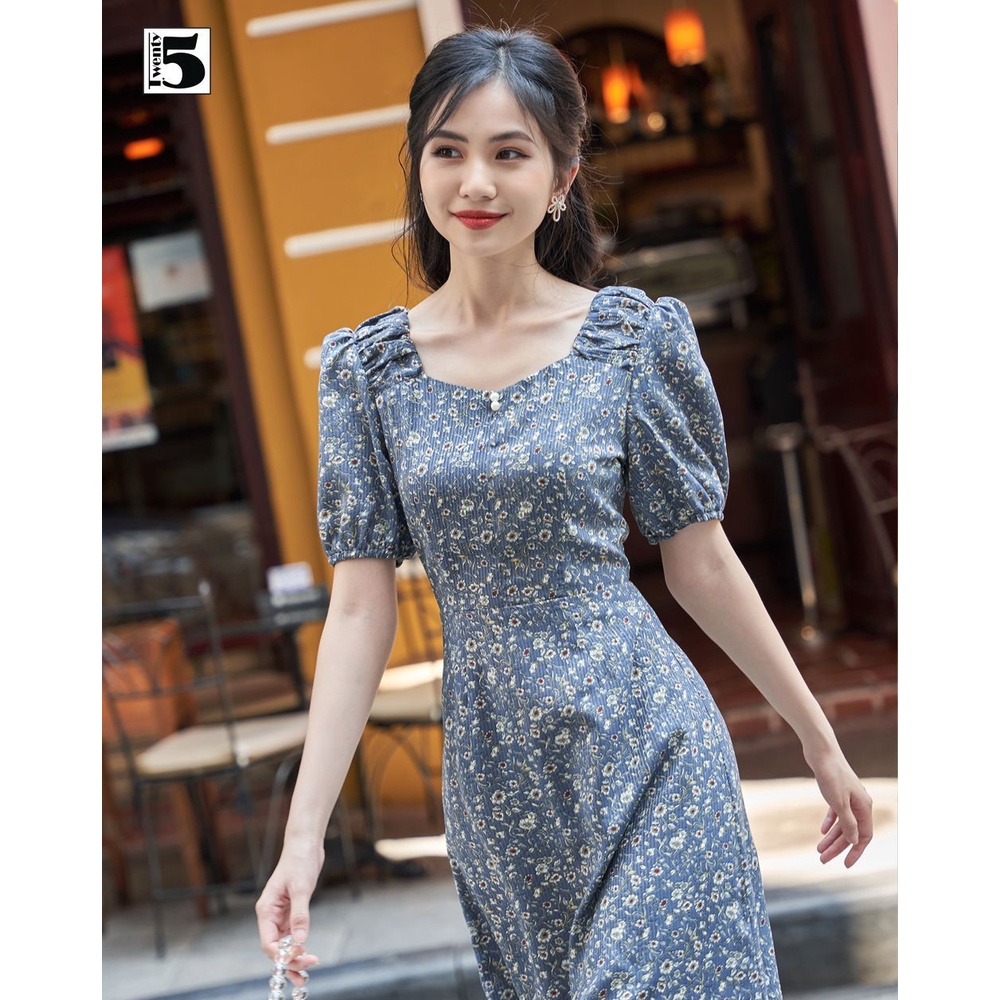 Váy đầm nữ midi hoa nhí vintage tay bồng nhún vai Twentyfive TD5