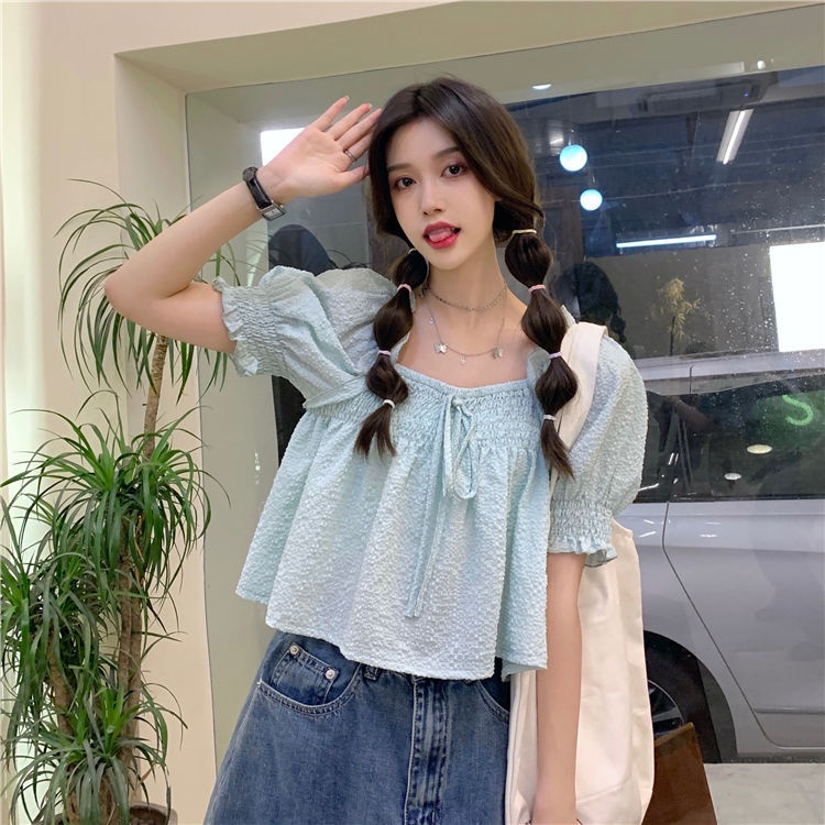 Áo Tay Phồng Ngắn Cổ Vuông Thời Trang Hàn Quốc Cho Nữ