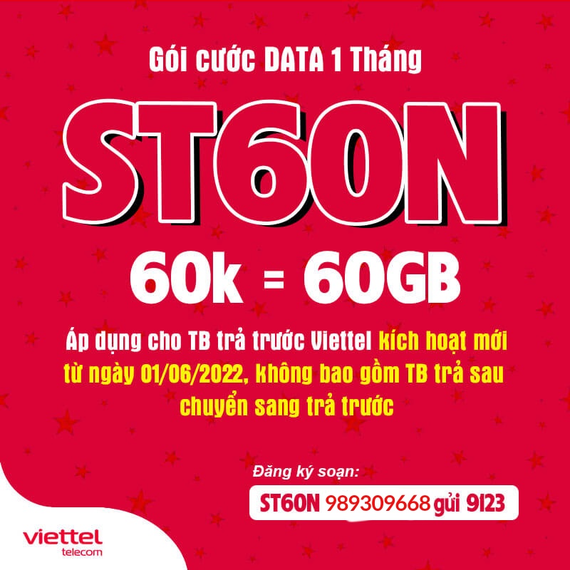 Sim 4G Viettel gói ST60N có 60GB ( 2GB/ngày ) chỉ 60K/tháng