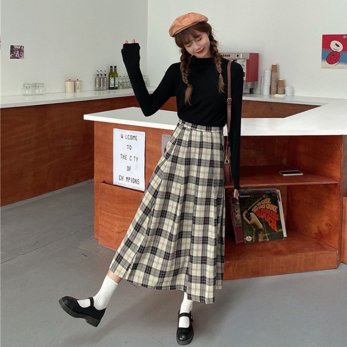 Chân váy midi xòe dài xếp ly kẻ sọc caro vintage mùa thu