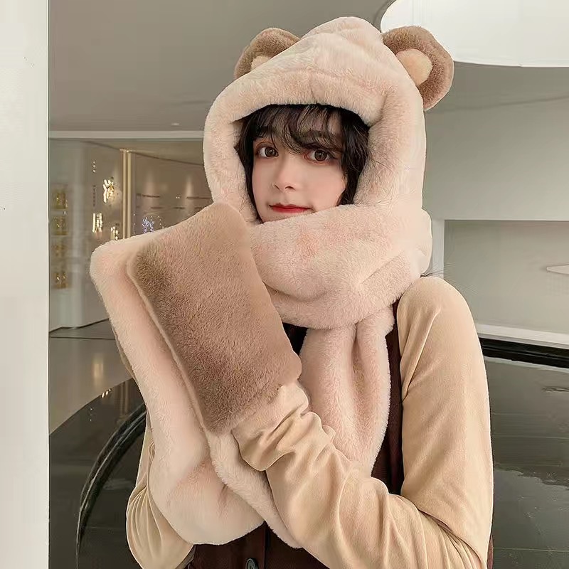 Set Khăn Choàng Cổ + Găng Tay + Mũ + Găng Tay Giữ Ấm Mùa Đông Hình Gấu Dễ Thương Cho Nữ Sự Bảo Vệ