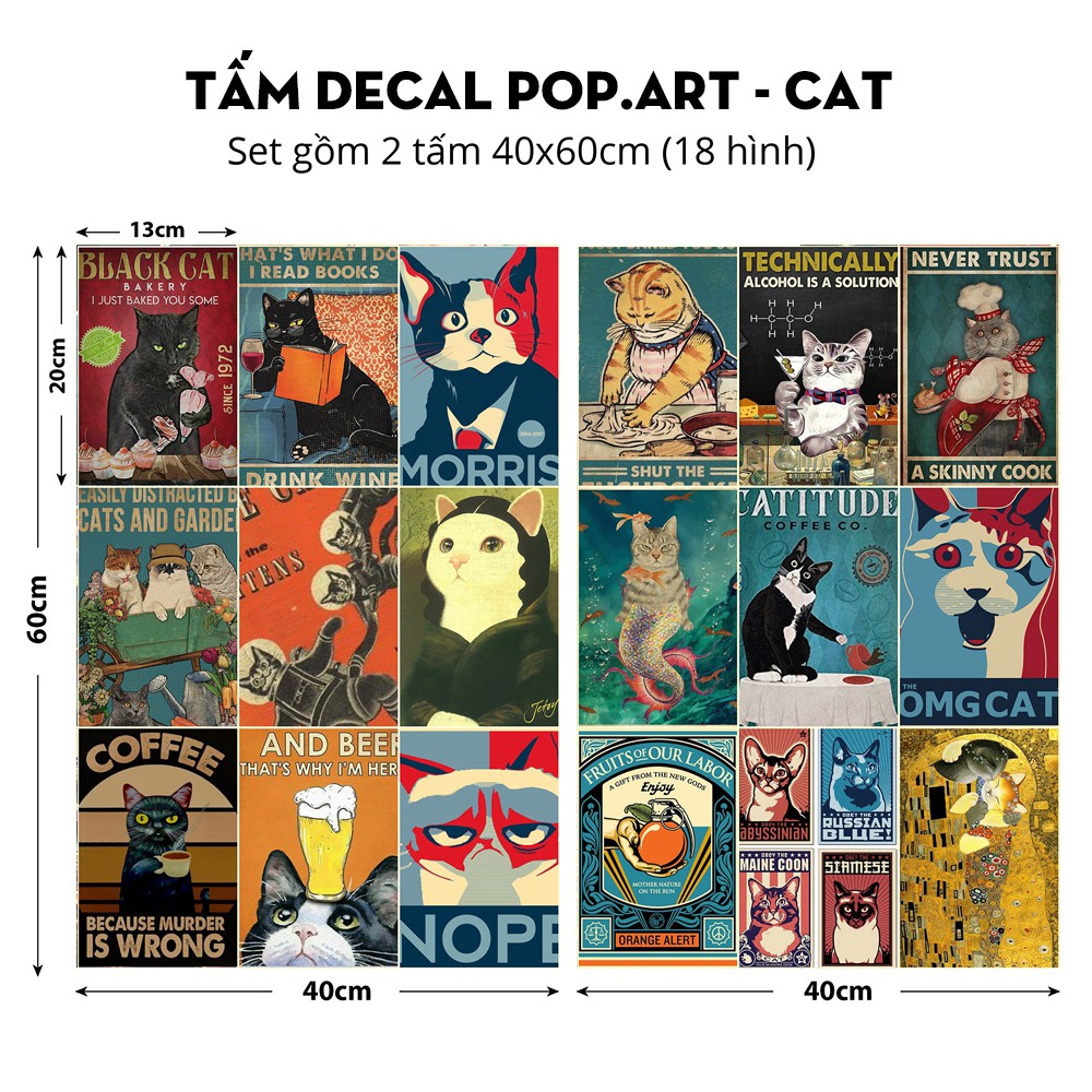 Decal nguyên tấm POP.ART CAT hiện đại trí nội thất quầy bar, tiệm trà chanh 1007