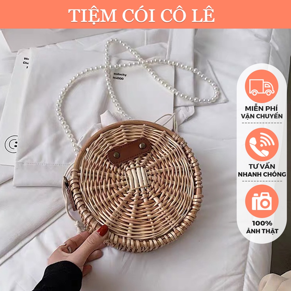 Túi mây dáng hộp tròn quai ngọc trai nhân tạo xinh xắn cho bạn gái - Tiệm Cói Cô Lê