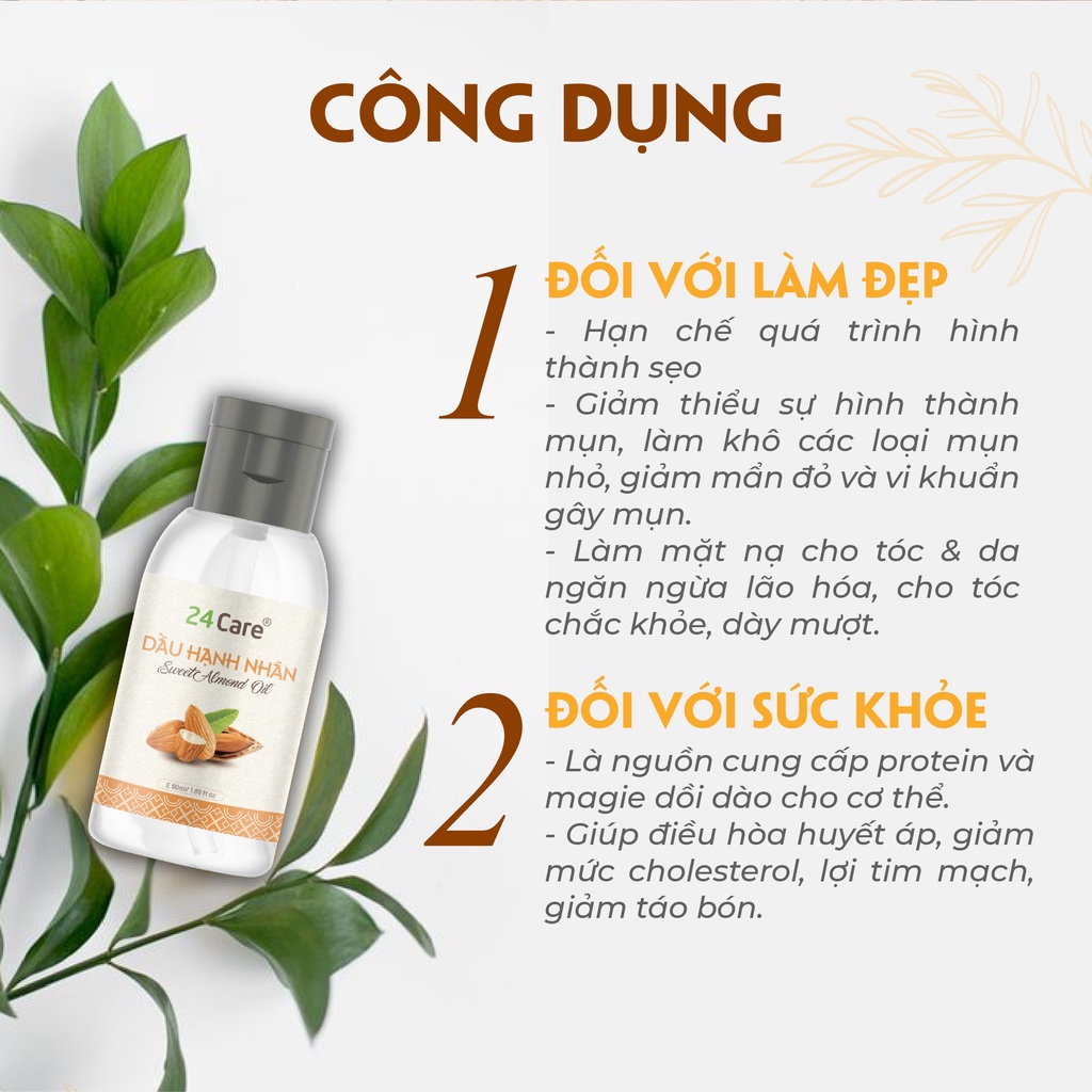 Dầu Hạnh nhân 24Care Nguyên Chất - Nuôi dưỡng da và tóc, giảm sự hình thành của sẹo - Dung tích 250ml