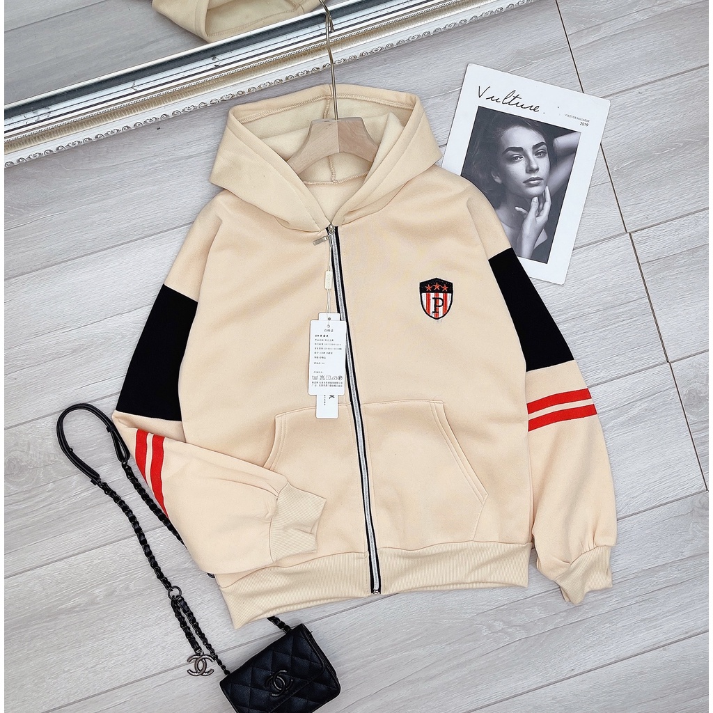 [ảnh thật-sẵn] Áo khóa nỉ lót lông nữ kẻ sọc | BigBuy360 - bigbuy360.vn