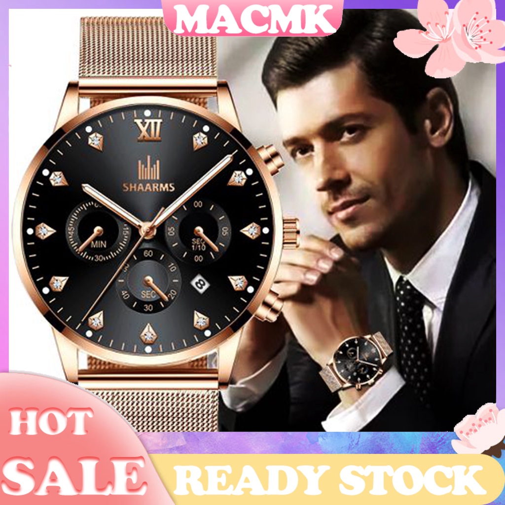 MACmk SHAARMS Men Simple Quartz Watch Mesh Strap Three-eye Calendar Wristwatch Gift