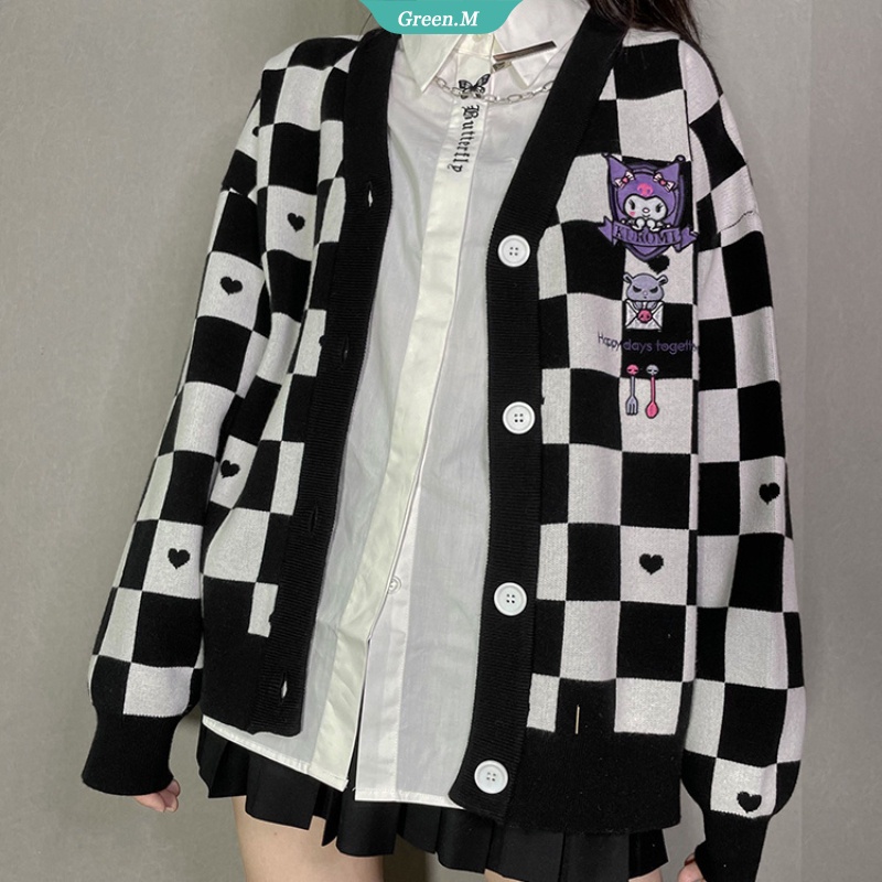 Áo Khoác Cardigan Dệt Kim Dáng Rộng Thêu Họa Tiết Kuromi Dễ Thương Thời Trang Mùa Thu Cho Nữ Y2k