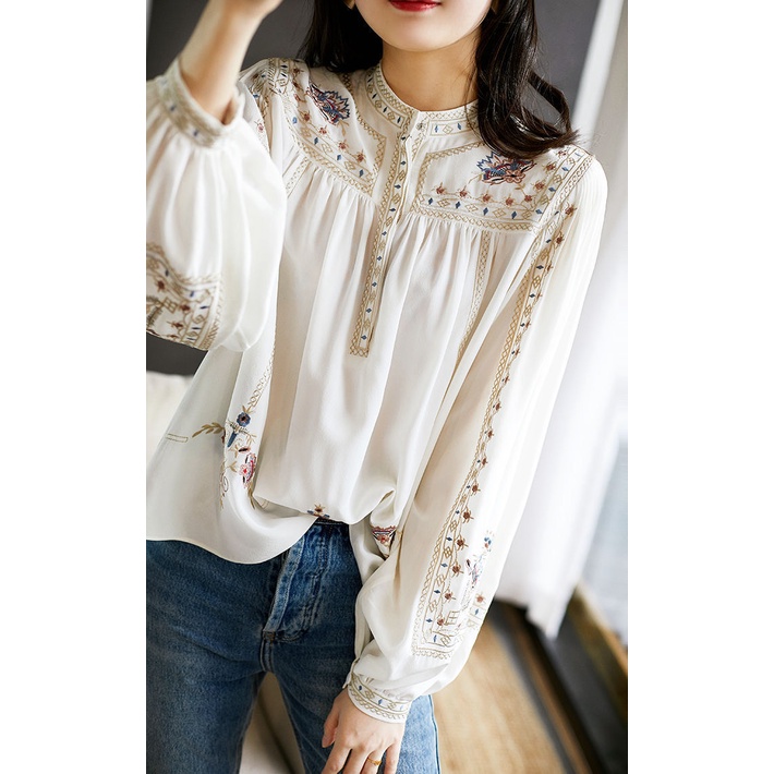 Áo Sơ Mi Chiffon Tay Phồng Dài In Họa Tiết Dân Tộc Phong Cách Bohemian Cổ Điển Size M-3XL Thời Trang Dễ Phối Đồ Cho Nữ