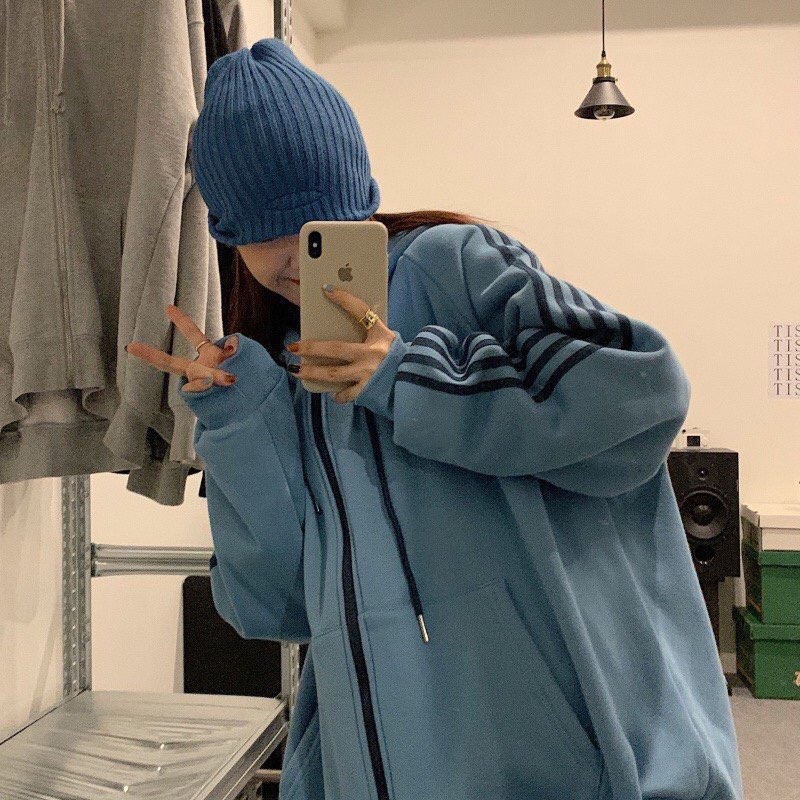 Áo khoác nỉ ulzzang viền sọc màu be | BigBuy360 - bigbuy360.vn