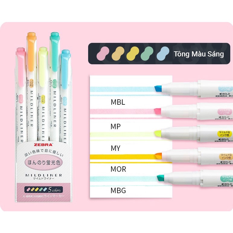 Bộ 5 bút highlight 2 đầu Zebra Mildliner Nhật Bản chính hãng, bút đánh dấu ghi chú chất lượng cao HI04