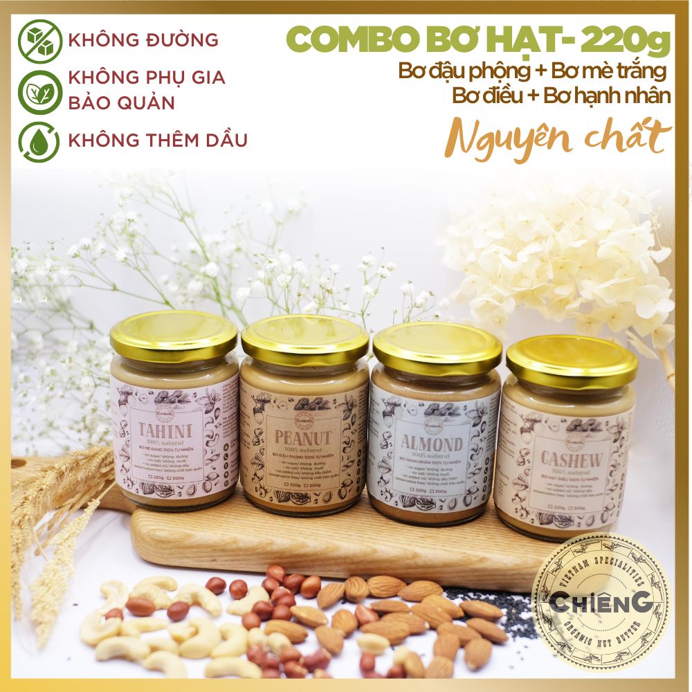 Combo 4 - 1 Bơ đậu phộng + 1 Bơ mè + 1 Bơ hạt điều + 1 Bơ hạnh nhân - Bơ hạt không đường, Bơ hạt ăn kiêng- 220g/550g