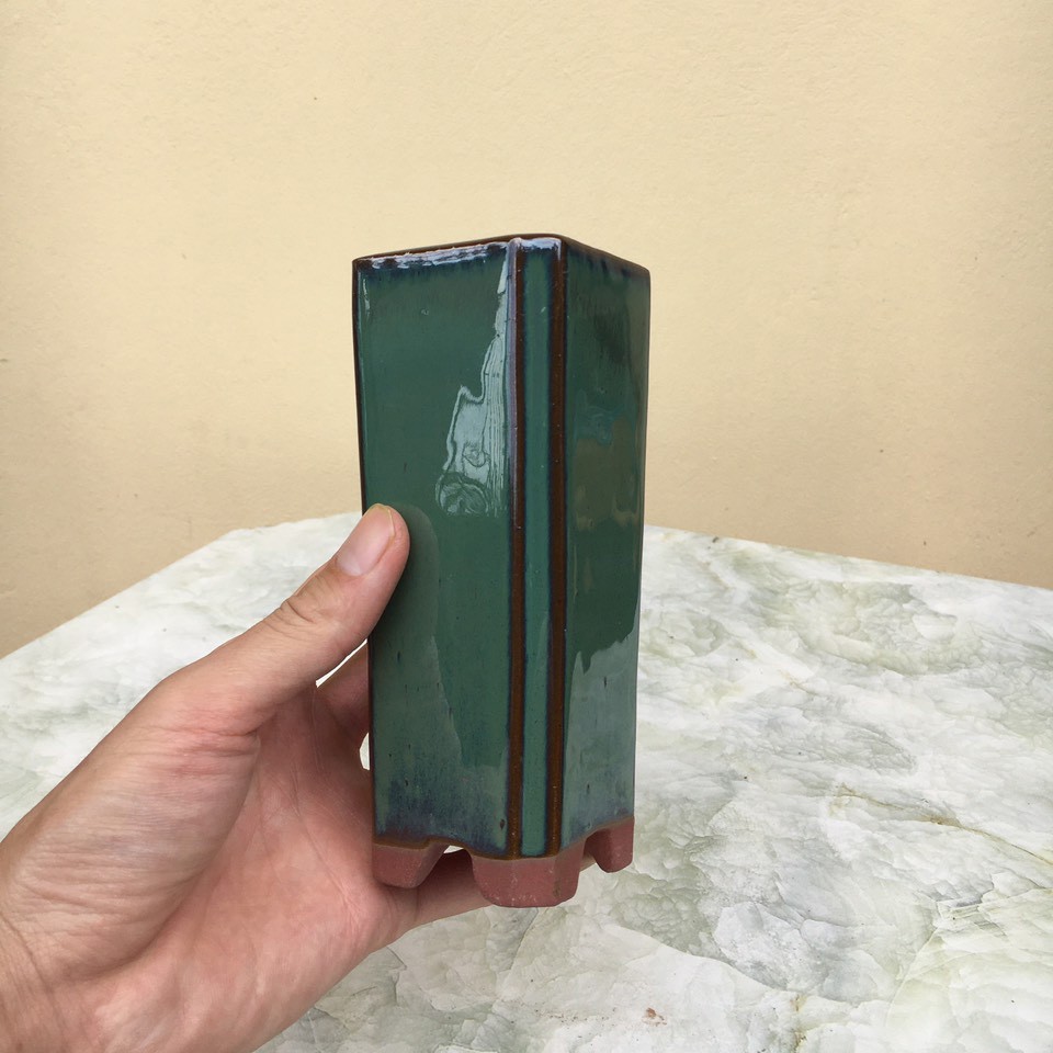 Chậu bonsai Vuông cao mini men xanh ngọc gốm Bát tràng 1 size BM-83
