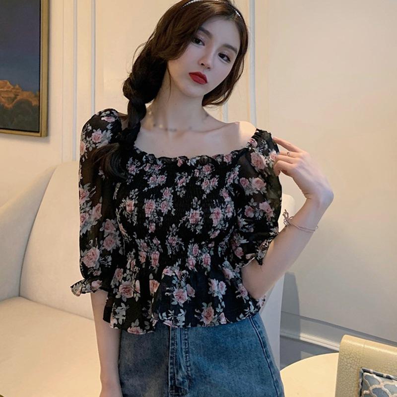 Áo voan croptop hoạ tiết hoa thiết kế trễ vai quyến rũ