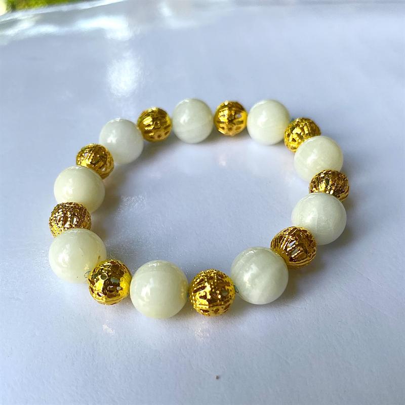 Vòng tay hạt Sò tai tượng mix bi mạ vàng - Lách tay phong thủy dành cho nữ mệnh Kim, mệnh Thủy CNC VĂN BÉ
