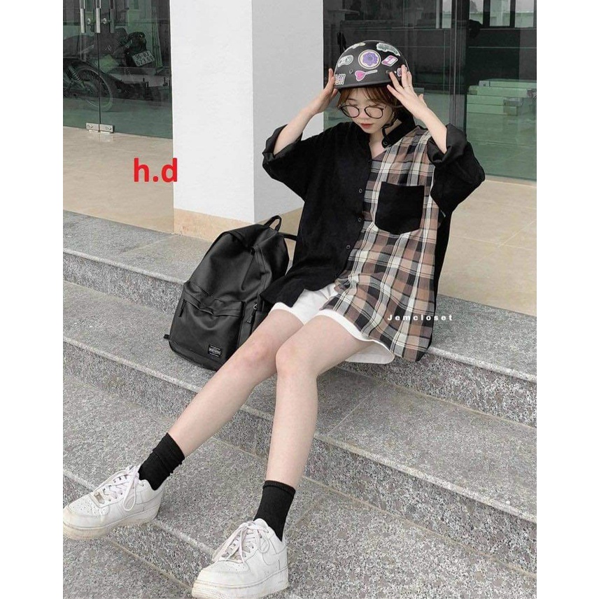 áo sơ mi phối kẻ sịn sò chất thô