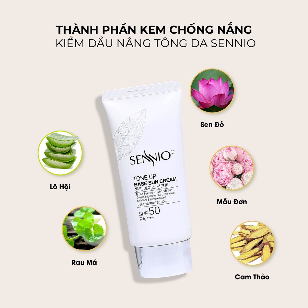 Kem chống nắng nâng tone Sennio Tone Up Base Sun Cream SPF50 PA+++ dưỡng trắng da kiềm dầu 50ml SNO 802