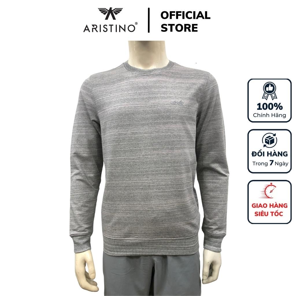 Áo thun nam dài tay Aristino ASWR02 T-shirt Thu Đông Màu Xám Xược Ngang Trắng Vải Cotton dáng Regular Fit Cổ Tròn Bo Tay