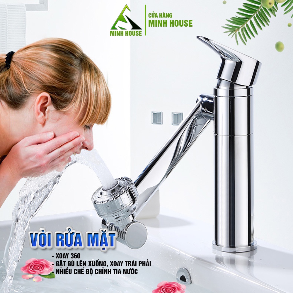 Vòi rửa mặt Lavabo xoay 720 độ gật gù, thân cao, Crom, điều chỉnh nước Minh House