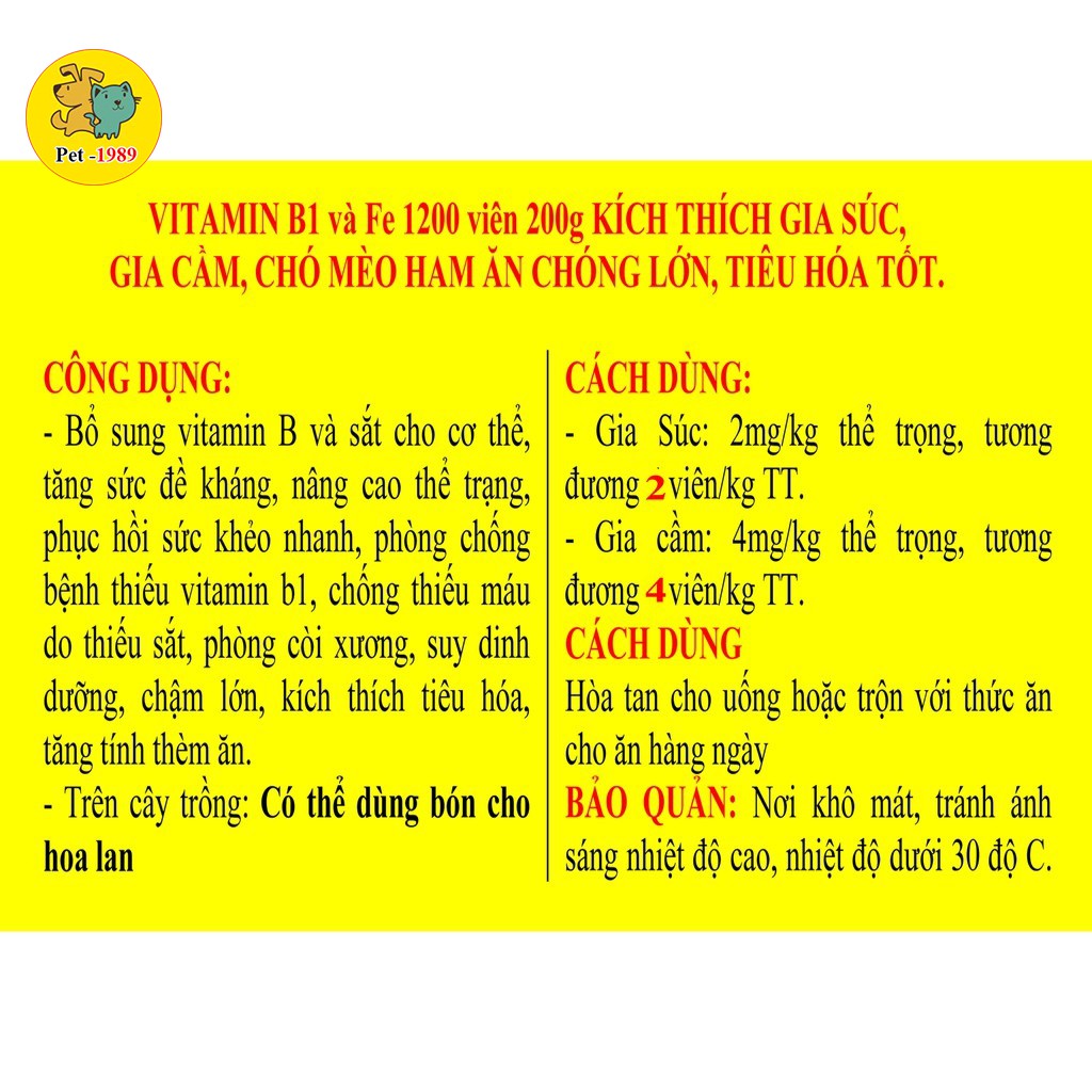 VITAMIN B1 200g KÍCH THÍCH GIA SÚC, GIA CẦM, CHÓ MÈO HAM ĂN CHÓNG LỚN, TIÊU HÓA TỐT. Có thể dùng bón cho hoa pet-1989