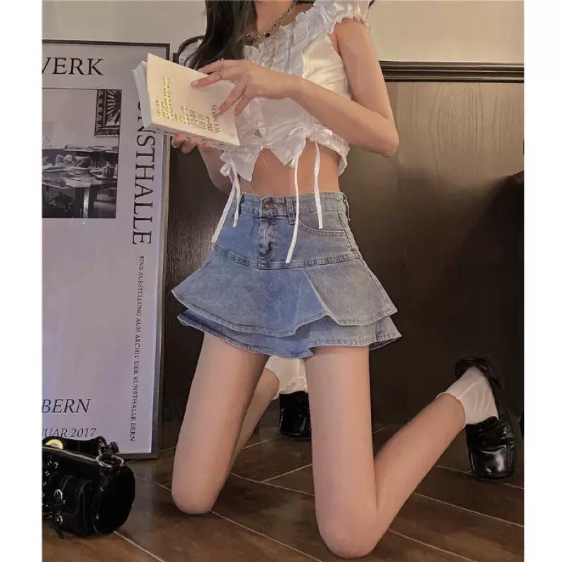 Chân váy jean ly xòe 2 tầng 3 nút cá tính, gomboutique77 3 size/ Chân Váy Jean Xòe Bèo
