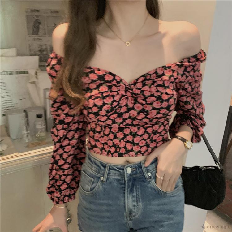 Áo kiểu trễ vai tay dài dáng ôm in họa tiết hoa thanh lịch dành cho nữ | BigBuy360 - bigbuy360.vn