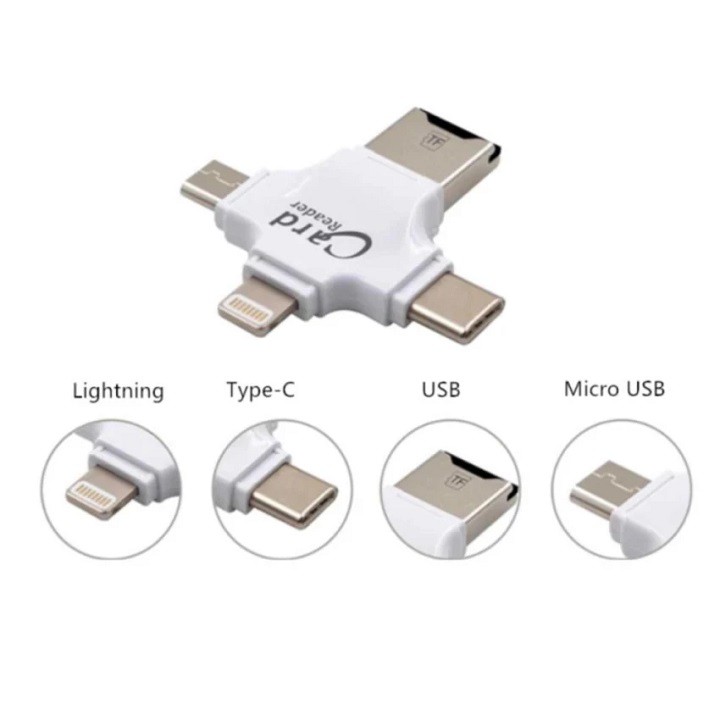 Đầu đọc thẻ đa năng 4 in 1(OTG, USB, TYPE - C, IOS) dùng cho iOS - Android - PC- Macbook - Đầu đọc thẻ nhớ all in one