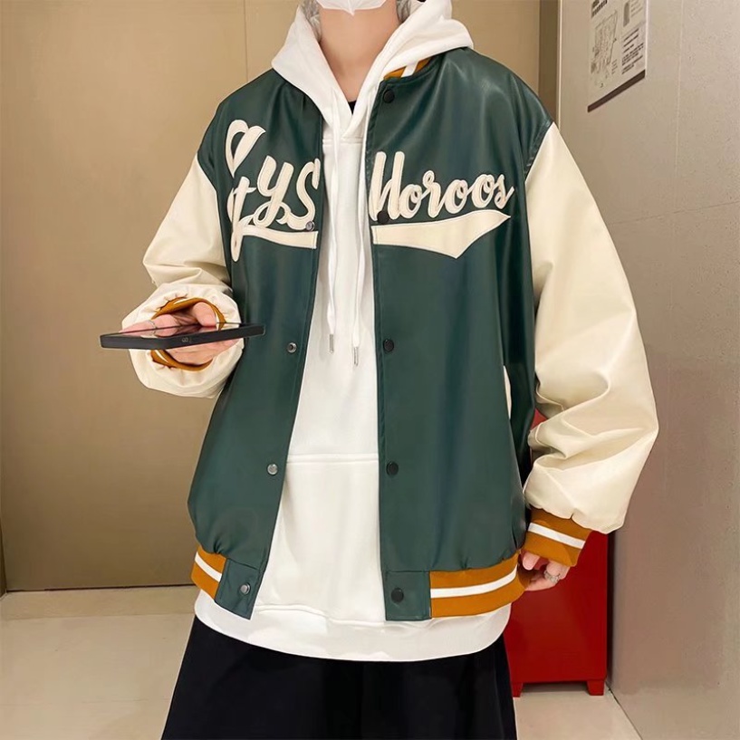 Áo Khoác Bóng Chày Da pu Tay Dài Dáng Rộng Thêu Chữ Phong Cách Hàn Quốc Thời Trang Cho Nam Và Nữ