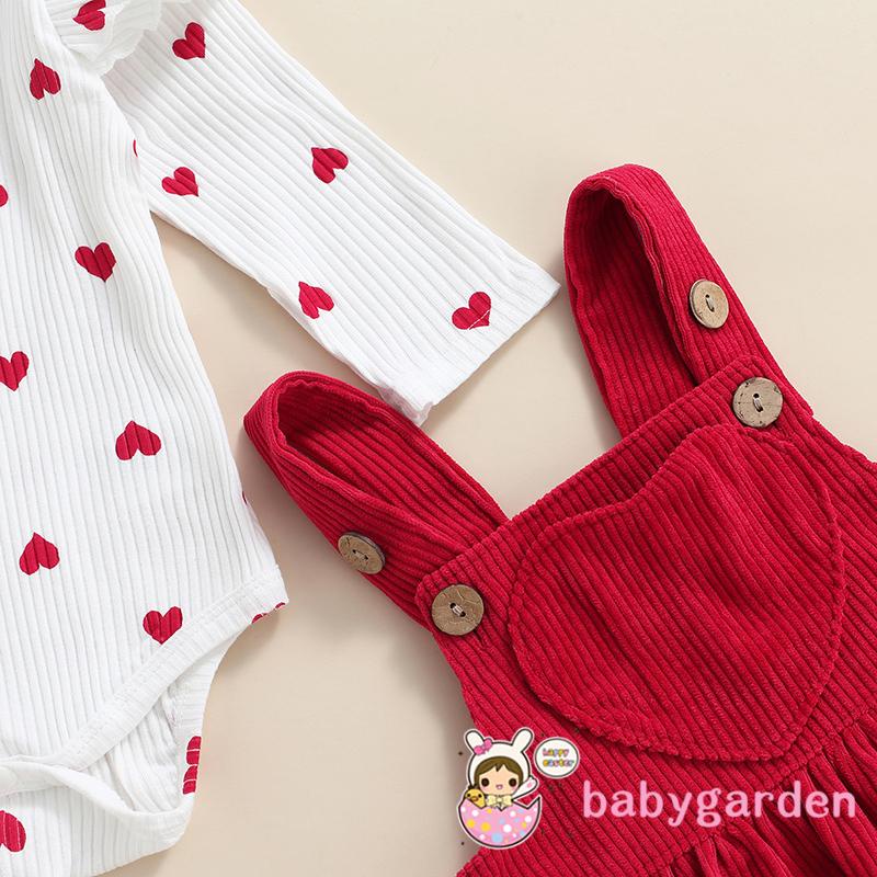 Bộ áo liền quần cổ tròn tay dài phối bèo in họa tiết trái tim kèm đầm yếm thời trang dành cho bé gái