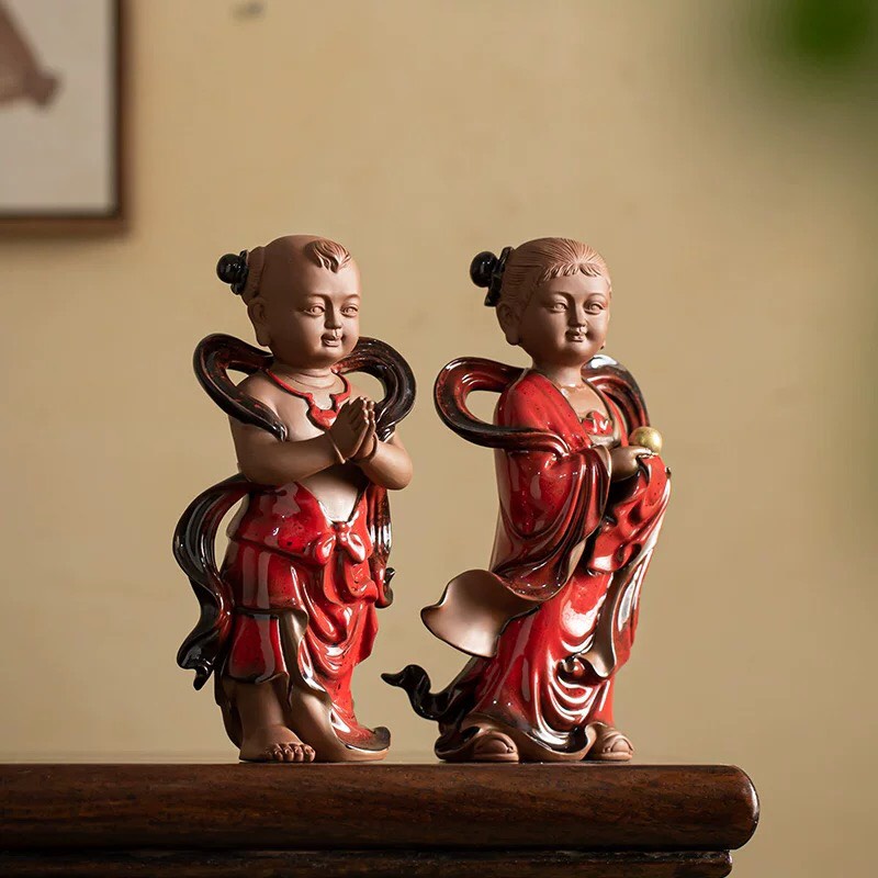 Tượng Tiên Đồng Ngọc Nữ gốm tử sa Cao Cấp- Tượng Tiểu đồng Nam nữ  decor trang trí tiểu cảnh thiền tịnh giá siêu tốt