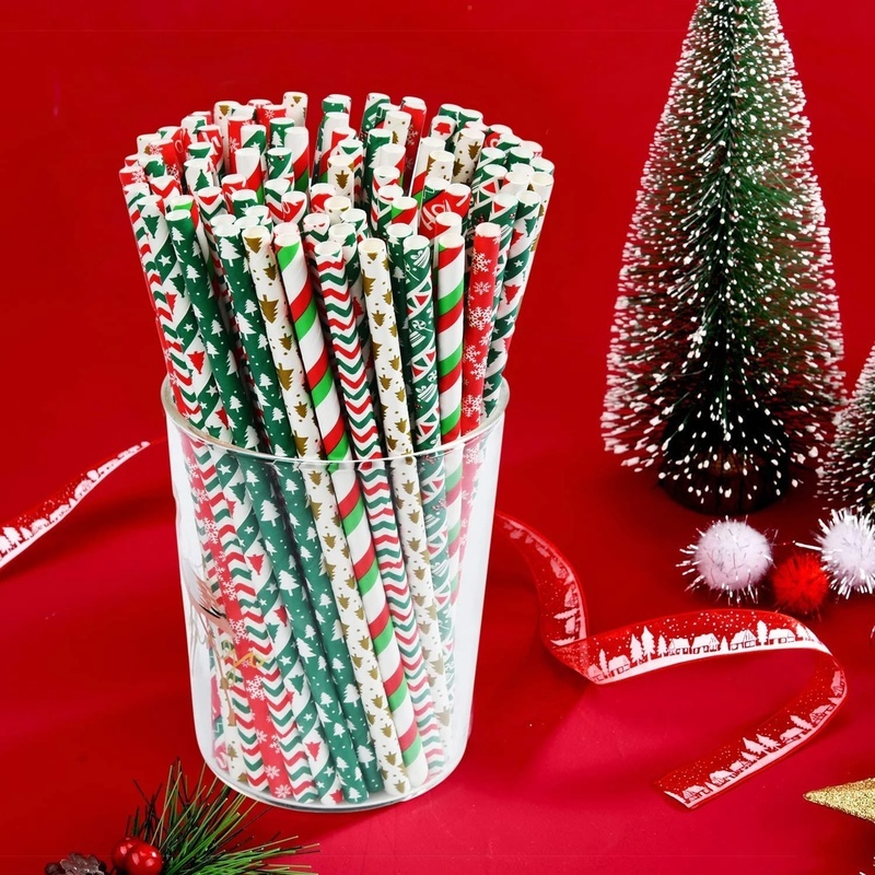 Set 25 Ống Hút Giấy Họa Tiết Hoa Tuyết / Sọc Xanh Lá / Đỏ Trang Trí Bàn Tiệc Giáng Sinh / Năm Mới