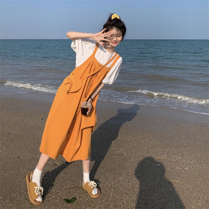 Bộ Áo Tay Phồng + Đầm Yếm Màu Trơn Thời Trang Mùa Hè Hàn Quốc Dành Cho Nữ