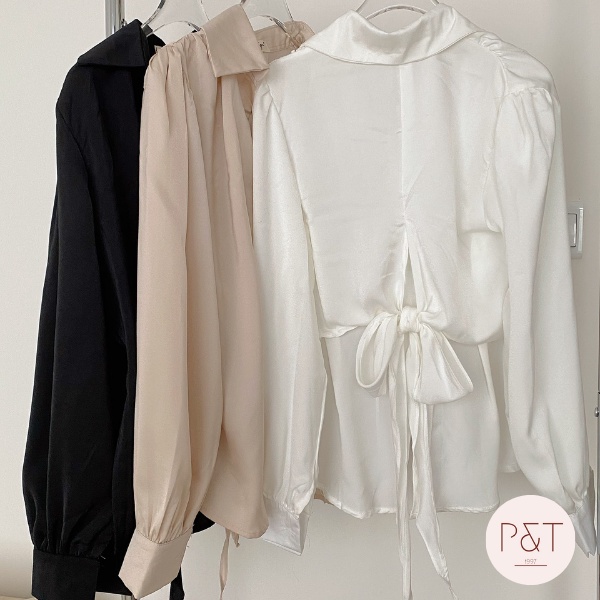 Áo Sơ Mi Lụa Cúc Bọc Thắt Nơ Lưng Siêu Xinh