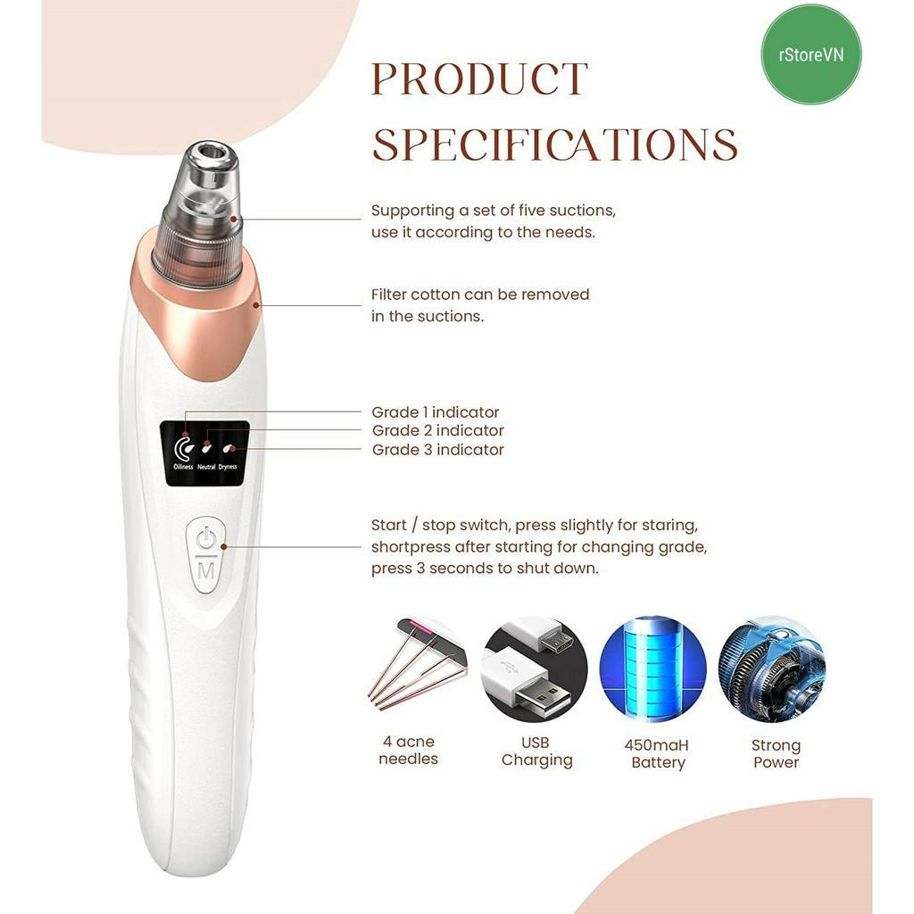 Máy Hút Mụn Đầu Đen HY9 - Mini Cầm Tay, Màn Hình LED, 5 Đầu Hút Cực Mạnh - Hàng Chính Hãng