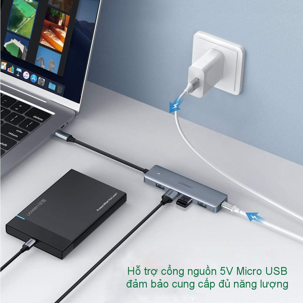 Hub USB type C, USB 3.0 sang 4 cổng USB 3.0 hỗ trợ cổng nguồn Micro USB 5V UGREEN CM219 CM136