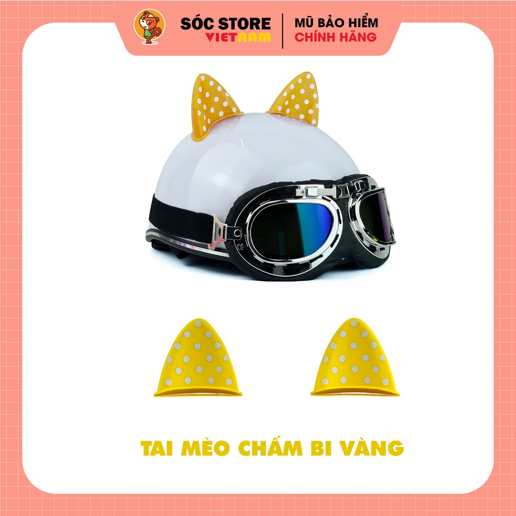Tai mèo chấm bi gắn, custom mũ bảo hiểm nửa đầu, 3 phần 4, siêu xinh Sóc Store