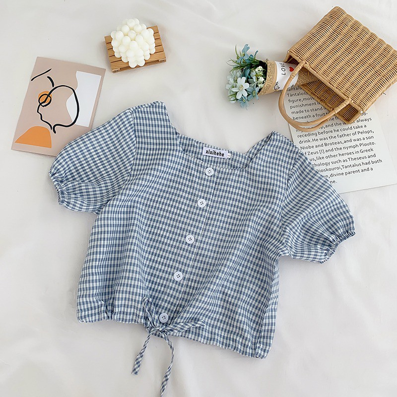 [Baywellfashion]Áo sơ mi tay ngắn họa tiết sọc vuông phong cách Hàn Quốc | BigBuy360 - bigbuy360.vn