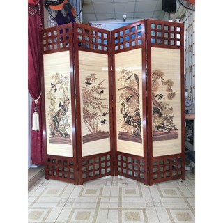 Bình phong khung gỗ tự nhiên nền mành