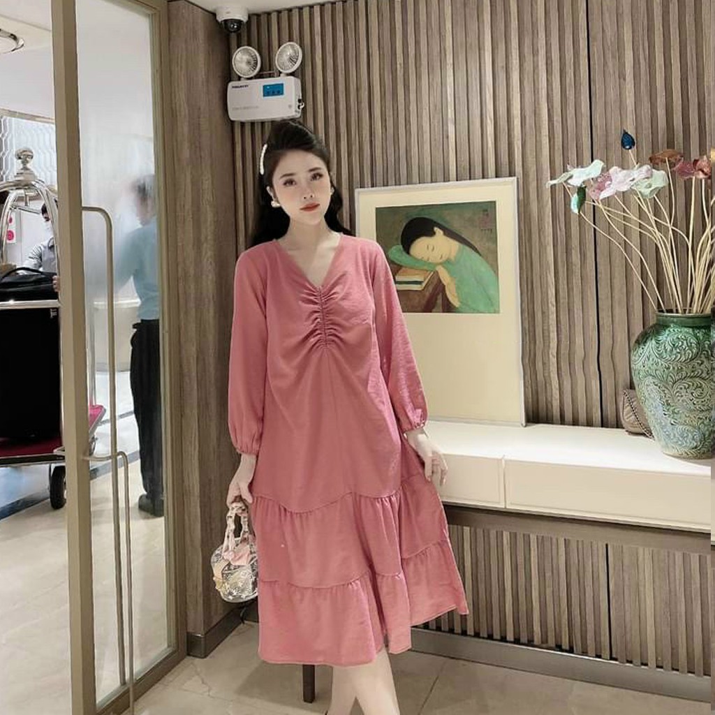 Đầm bầu thời trang thiết kế rúm ngực MB203 chất đũi hàn freesize từ 45 đến 70kg