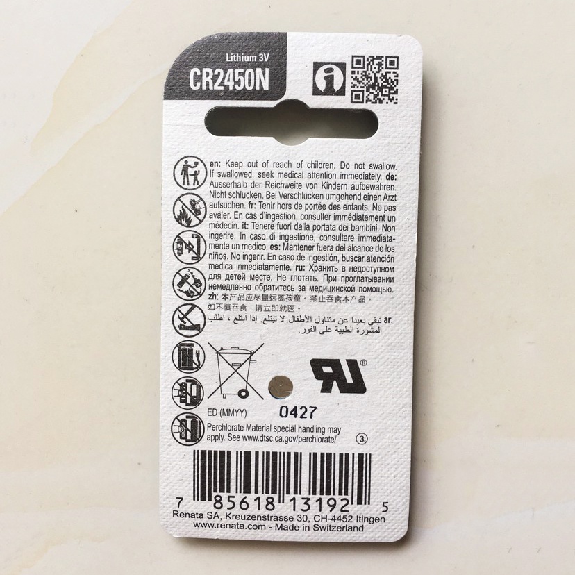 Pin CR2450 CR2450N Renata 3V Lithium batteries vỉ 1 viên chính hãng