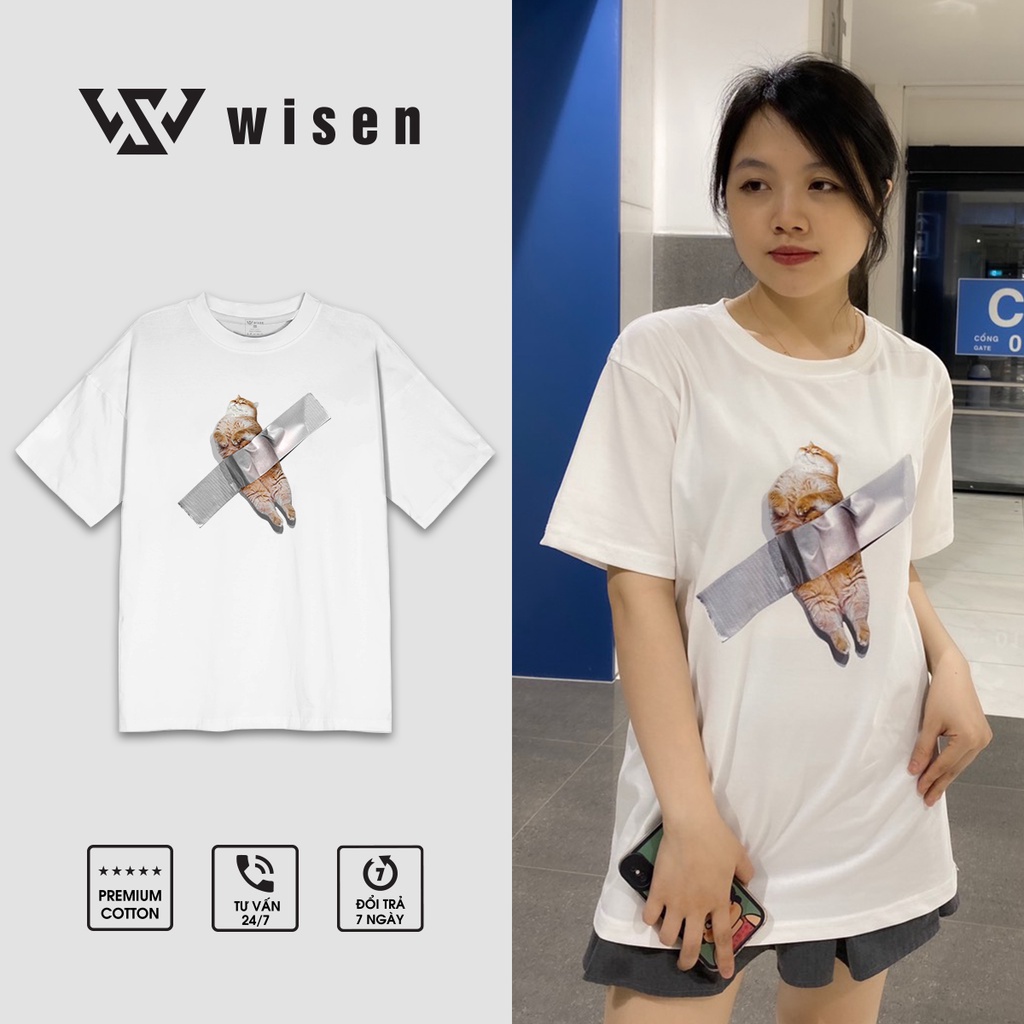Áo thun tay lỡ WISEN in hình mèo cotton 2 chiều , áo phông form rộng nam nữ unisex
