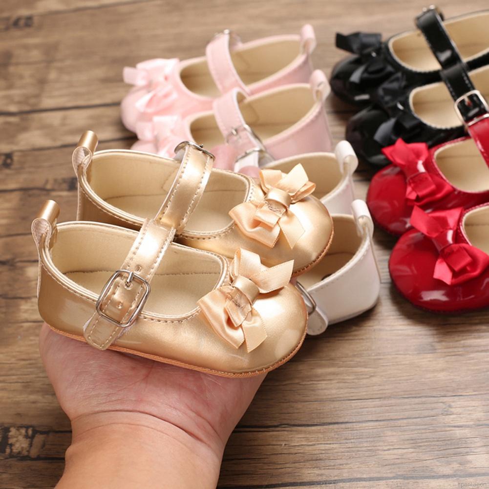 Giày búp bê da PU đính nơ xinh xắn cho bé gái 0-18 tháng tuổi