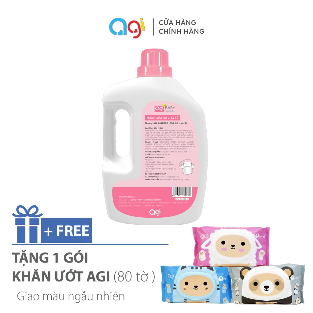 Nước giặt xả cho bé Agi Hương Hoa Anh Đào - 3000ml + TẶNG 1 GÓI KU AGI 80 TỜ HƯƠNG BẤT KỲ