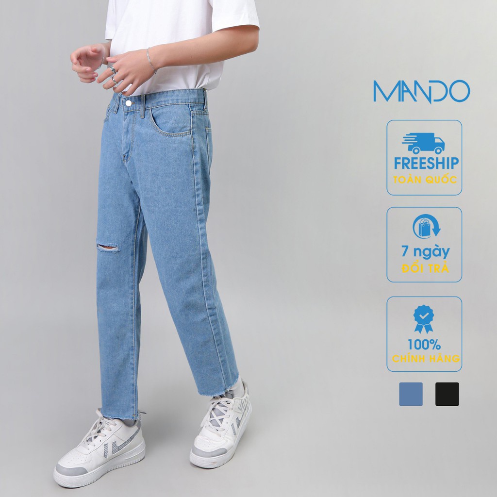 Quần Jean Nam Rách Gối MANDO Vải Bò Cao Cấp 2 Màu Xanh Đen Form Suông Rộng Basic Unisex Thời Trang Hàn Quốc QJN056 - HÀN