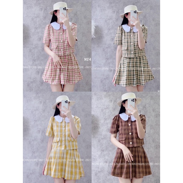 Set áo sơ mi cổ sen mix chân váy xoè kẻ nt closet