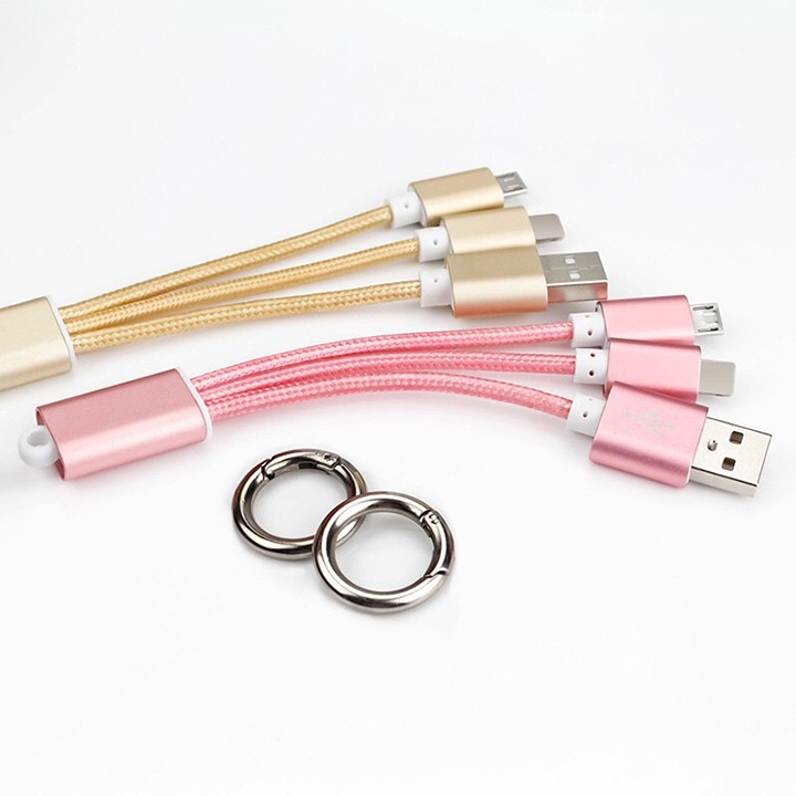 Dây cáp sạc điện thoại microUSB + lightning 3 trong 1 ngắn cho pin dự phòng có móc khóa