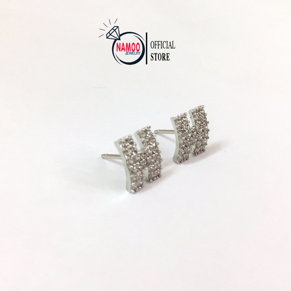 Khuyên Bạc Chữ H đính Đá T714 Mạ Bạc Namoo Jewelry