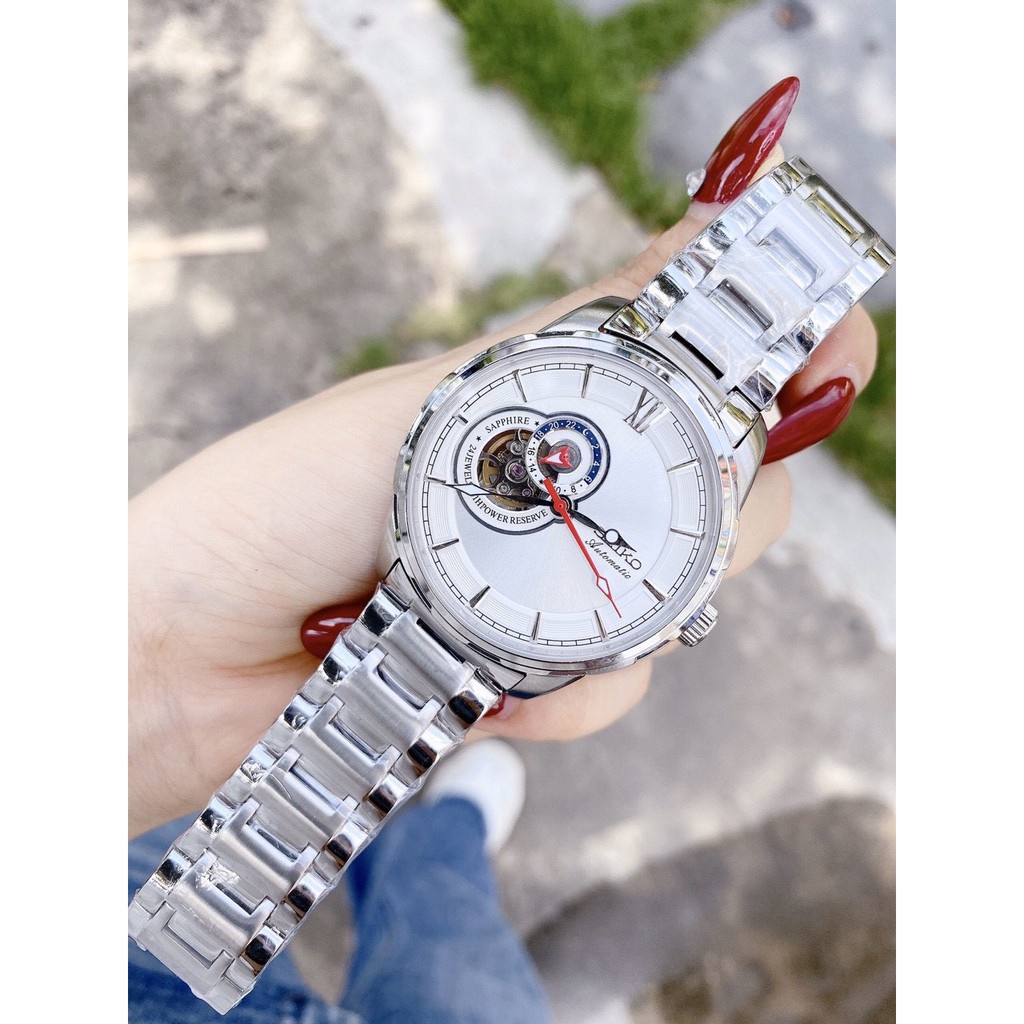 Đồng hồ Nam seiko hở mặt 4kim 24h chạy cơ automatic nhiều màu máy Nhật size 40mm dây kim loại vỏ trắng