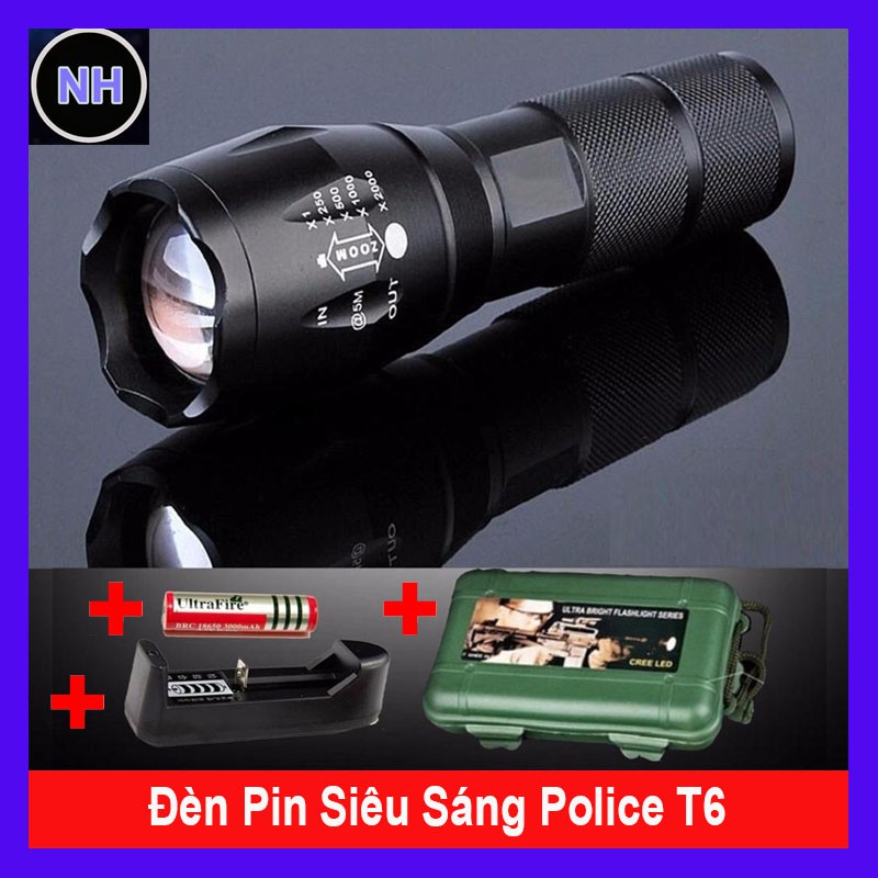 Đèn pin siêu sáng Police T6 AMY XML MỚI - Tặng Bộ sạc, Pin sạc và Hộp Nhựa Chống Sốc - BH 1 ĐỔI 1