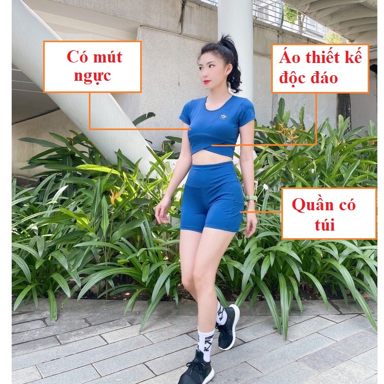 Bộ tập gym nữ, đồ tập gym nữ cộc tay xoắn bụng chất đẹp có kèm mút BT07
