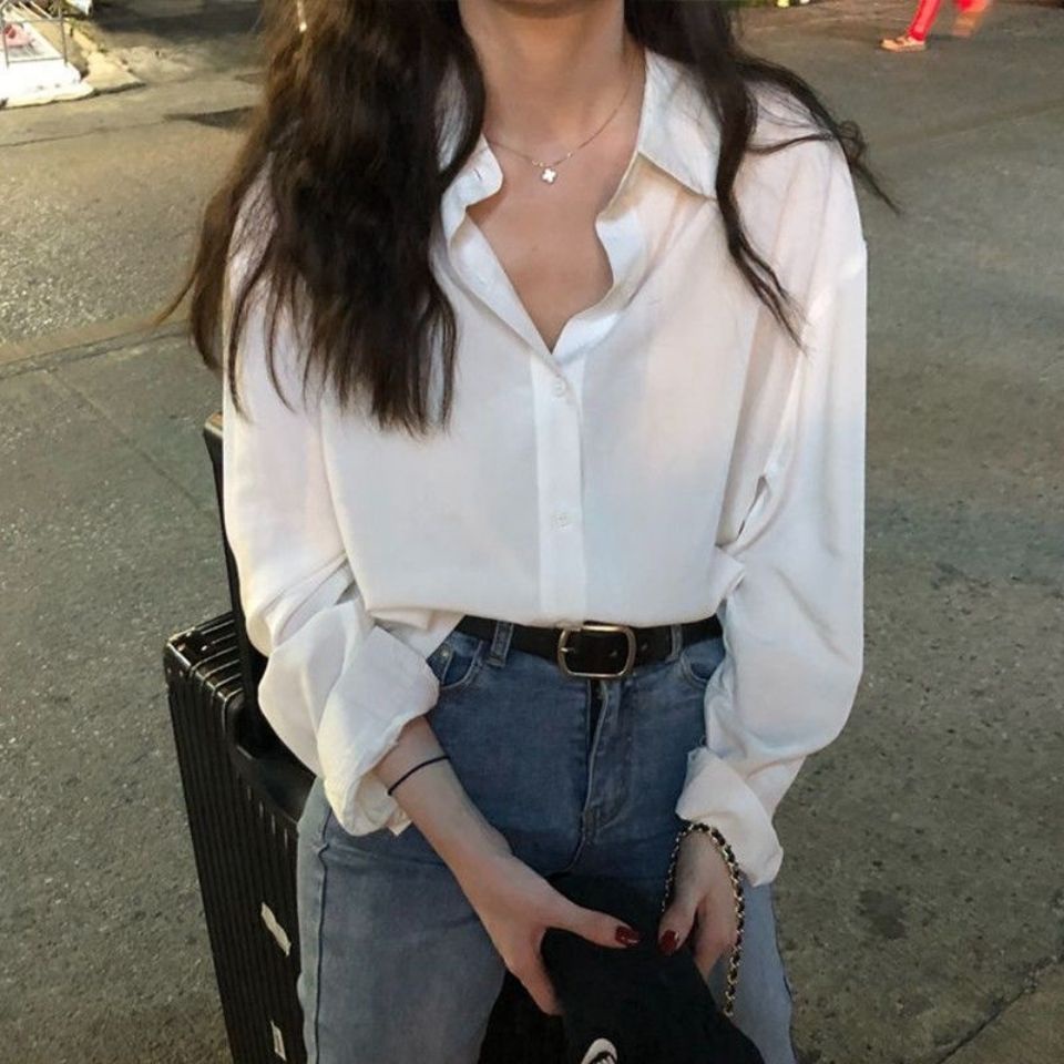 COZOK Áo sơ mi chiffon COZOK dáng rộng màu trơn phong cách thời trang Hàn Quốc